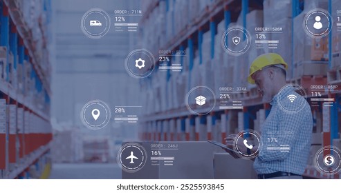 Image of icons and digital data processing over caucasian man working in warehouse. Global shipping, connections, computing and data processing concept digitally generated image. - Powered by Shutterstock