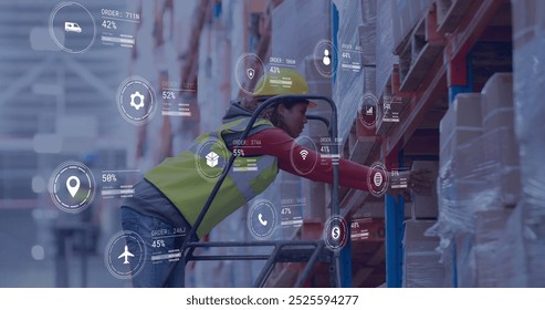 Image of icons and digital data processing over biracial woman working in warehouse. Global shipping, connections, computing and data processing concept digitally generated image.
