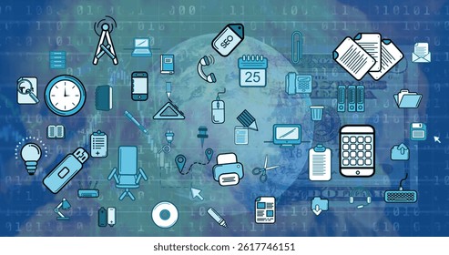 Image of icons and dollar banknote over data processing and globe on blue background. global technology, computing and digital interface concept digitally generated image.