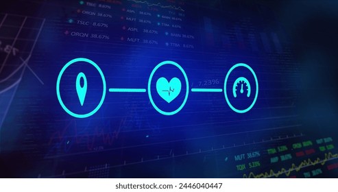Image of icons and financial data processing. Global business, finance, computing and data processing concept digitally generated image.