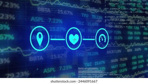Image of icons and financial data processing. Global business, finance, computing and data processing concept digitally generated image.