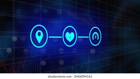 Image of icons and financial data processing. Global business, finance, computing and data processing concept digitally generated image.