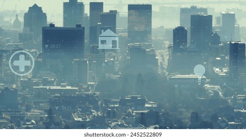 Image of icons and financial data processing over cityscape. Global finance, business, connections, computing and data processing concept digitally generated image.