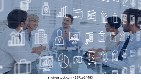 Image of icons and financial data processing over diverse business people in office. Global finance, business, connections, computing and data processing concept digitally generated image. - Powered by Shutterstock - Get 15% off with code: PIKWIZARD15