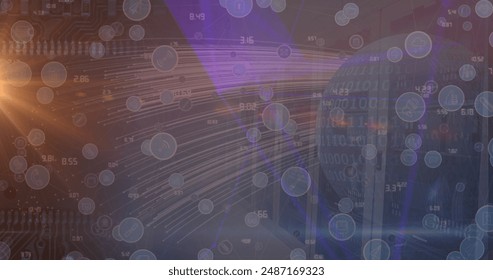 Image of icons, globe and light on navy background. global network, data processing and technology concept digitally generated image.