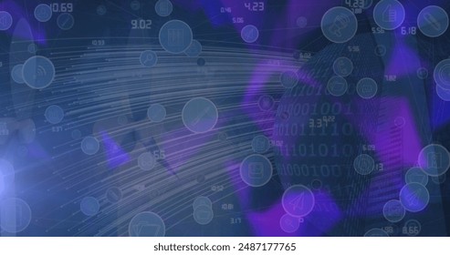 Image of icons, globe and light on navy background. global network, data processing and technology concept digitally generated image.