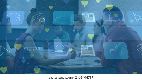 Image of icons and hearts over diverse business people having meeting at office. Global business, finances and digital interface concept digitally generated image. - Powered by Shutterstock