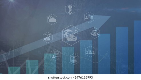 Image of icons in hexagons over arrow and bar graph against abstract background. Digital composite, multiple exposure, globalization, cloud computing, growth, report, business and technology.