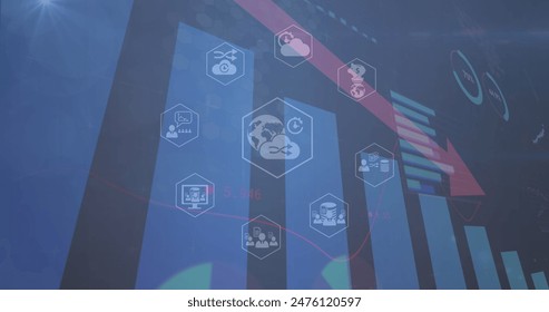 Image of icons in hexagons over bar graph, loading circles and red arrow declining. Digitally generated, hologram, globalization, report, business, loss and technology concept.