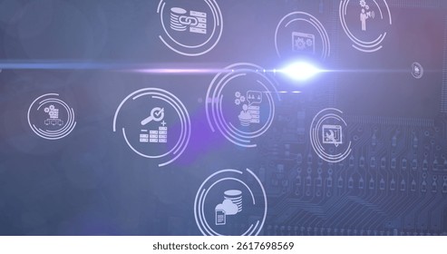 Image of icons and light on navy background. global network, data processing and technology concept digitally generated image.