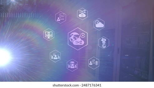 Image of icons and light over servers on navy background. global network, data processing and technology concept digitally generated image.