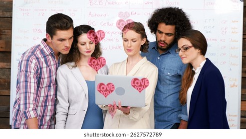 Image of icons over business people using laptop. Global business data processing digital interface technology and networking concept digitally generated image.