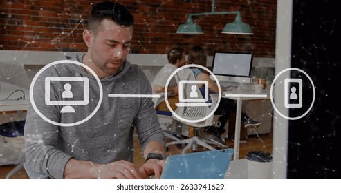 Image of icons over caucasian men using computer. Global connections, data processing and digital interface concept digitally generated image.