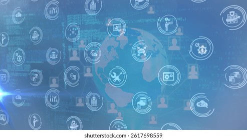 Image of icons over globe and data processing on blue background. global network, data processing and technology concept digitally generated image.