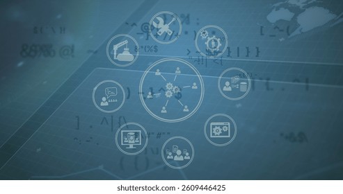 Image of icons over grid. global connections, data processing and digital interface concept digitally generated image.