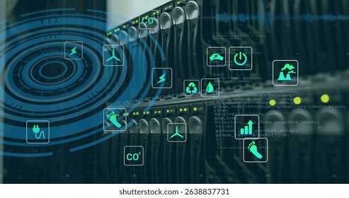 Image of icons and processing circle over servers. Computers, network, data and technology concept digitally generated image.