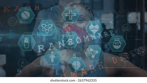 Image of icons and virus warning over tired fit woman in face mask. Network, data processing, digital screen, internet security and communication concept digitally generated image.