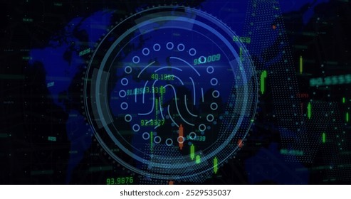 Image of icons with world map and data processing on black background. Global technology, computing and digital interface concept digitally generated image.