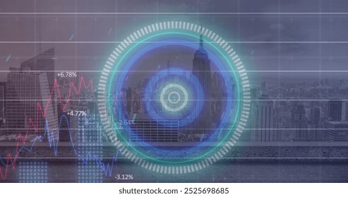 Image of illuminated circles, multiple graphs over modern city against cloudy sky. Digital composite, multiple exposure, shape, report, business, skyscrapers, buildings and architecture concept.