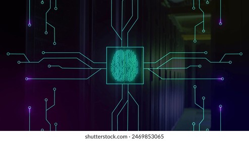 Image of illuminated circuit board pattern around brain in square over server room. Digital composite, artificial intelligence, data center, networking, technology and network server concept.