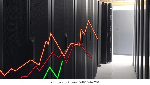 Image of illuminated graphs over data server racks in data server room. Digital composite, multiple exposure, report, business, progress, data center, networking, network server concept.