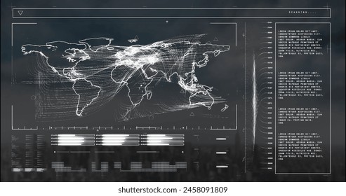 Image of illuminated loading bars, map over modern cityscape against cloudy sky. Digital composite, multiple exposure, business, progress, global, buildings, skyscrapers and architecture concept.