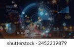 Image of illuminated radar, graphs, computer language over lens flare and moving vehicles. Digital composite, multiple exposure, sonar, report, business, coding, machine learning and technology.