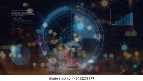 Image of illuminated radar, graphs, computer language over lens flare and moving vehicles. Digital composite, multiple exposure, sonar, report, business, coding, machine learning and technology.