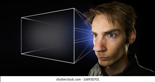 Image illustrating the holographic universe theory of reality, with a man projecting his mental screen, giving him the illusion of objective reality.