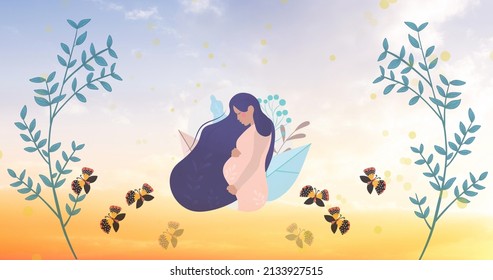 Image of illustration of butterflies flying over pregnant woman. international day of the midwife and pregnancy concept digitally generated image.