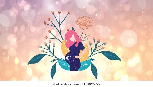 Image of illustration of pregnant woman over flowers and glowing spots of light. international day of the midwife concept digitally generated image.