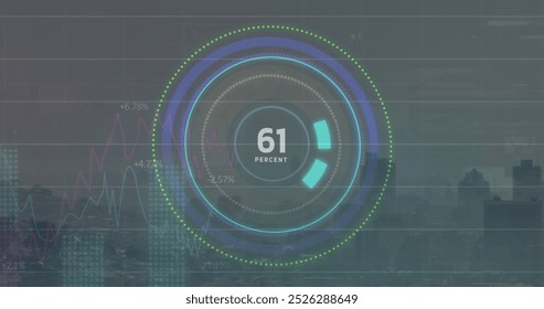 Image of increasing percentage on round scanner, statistical data processing against cityscape. Computer interface and business data technology concept
