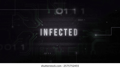 Image of infected text with data processing on black background. Global technology, computing and digital interface concept digitally generated image.