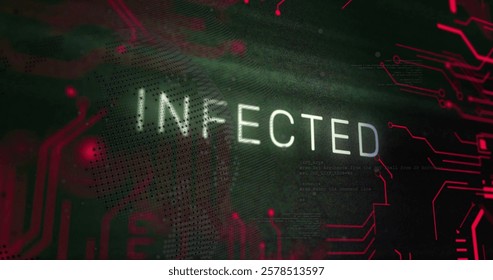 Image of infected text and digital data processing over black background. Global cyber security, connections, computing and data processing concept digitally generated image.