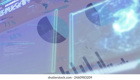 Image of infographic data processing with graphs, charts, neon lights on digital interface. Digital composite, artificial intelligence, communication, development, technology.