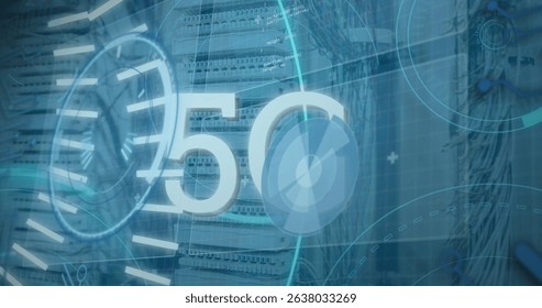 Image of infographic interface with circles and 5g text over server room. Digital composite, multiple exposure, report, network security, data center, communication, networking and technology. - Powered by Shutterstock - Get 15% off with code: PIKWIZARD15
