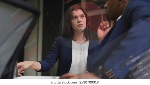 Image of infographic interface and diverse serious businesswoman discussing with colleague. Digital composite, business, report, progress, teamwork, planning, laptop, technology. - Powered by Shutterstock