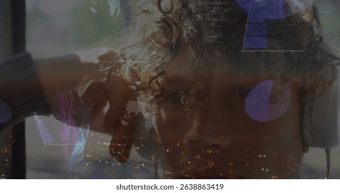 Image of infographic interface and globe over caucasian listening music over headphones at home. Digital composite, multiple exposure,, globalization, leisure, reports, business and technology.