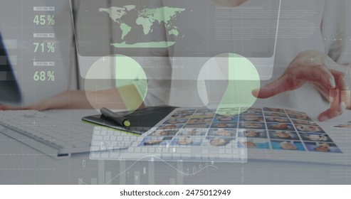 Image of infographic interface over camera and biracial woman checking profile pictures. Digital composite, multiple exposure, report, business, progress, global and technology concept. - Powered by Shutterstock