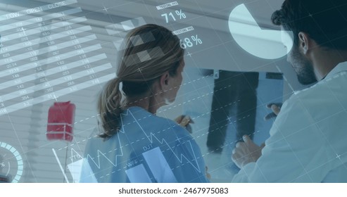 Image of infographic interface over diverse doctors analyzing x-ray report of patient. Digital composite, multiple exposure, report, business, global, medical, healthcare and technology concept. - Powered by Shutterstock