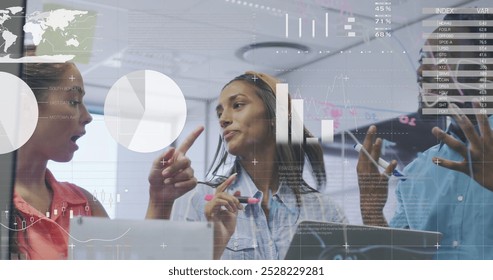 Image of infographic interface over diverse coworkers discussing strategy on transparent board. Digital composite, multiple exposure, report, business, planning, global, teamwork and technology. - Powered by Shutterstock