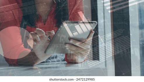 Image of infographic interface over midsection of biracial woman using digital tablet. Digital composite, multiple exposure, report, business, growth, progress, global and technology concept. - Powered by Shutterstock - Get 15% off with code: PIKWIZARD15