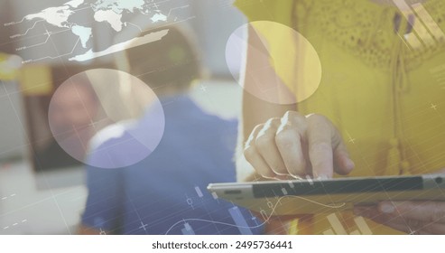 Image of infographic interface over midsection of caucasian woman using digital tablet. Digital composite, multiple exposure, report, business, progress, growth, global and technology concept.