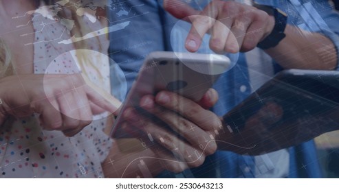 Image of infographic interface over midsection of caucasian coworkers discussing over technology. Digital composite, multiple exposure, teamwork, database, gesturing, hand, coffee and office. - Powered by Shutterstock