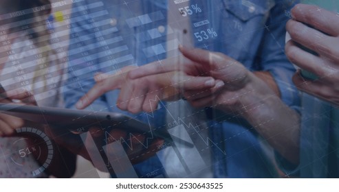 Image of infographic interface over midsection of caucasian coworkers discussing over technology. Digital composite, multiple exposure, teamwork, database, gesturing, hand, coffee and office. - Powered by Shutterstock