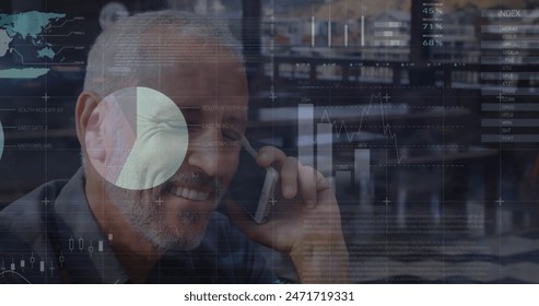 Image of infographic interface over smiling caucasian senior man talking on smartphone in cafes. Digital composite, multiple exposure, report, business, global, retirement and technology concept.