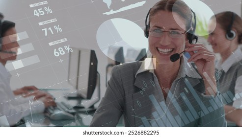 Image of infographic interface over smiling caucasian woman talking wearing headphones at office. Digital composite, multiple exposure, global, report, finance, business and technology concept. - Powered by Shutterstock