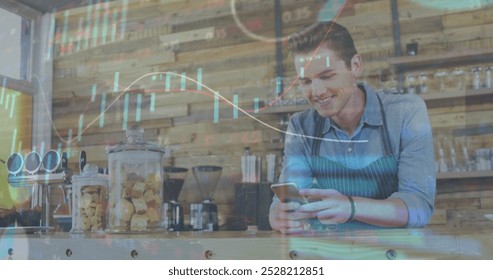 Image of infographic interface over smiling male barista using smartphone at coffee shop. Digital composite, multiple exposure, report, finance, business, beverages and technology concept. - Powered by Shutterstock