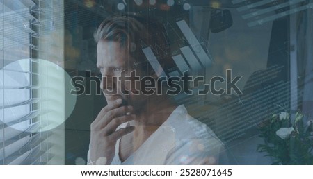 Image of inforgraphic interface and empty forklift in warehouse over thoughful caucasian man. Digital composite, multiple exposure, global, report, distribution, shipping and technology concept.