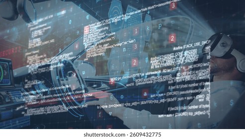 Image of information displays with man in vr headset using self driving car. communication technology digital interface concept, digitally generated image.